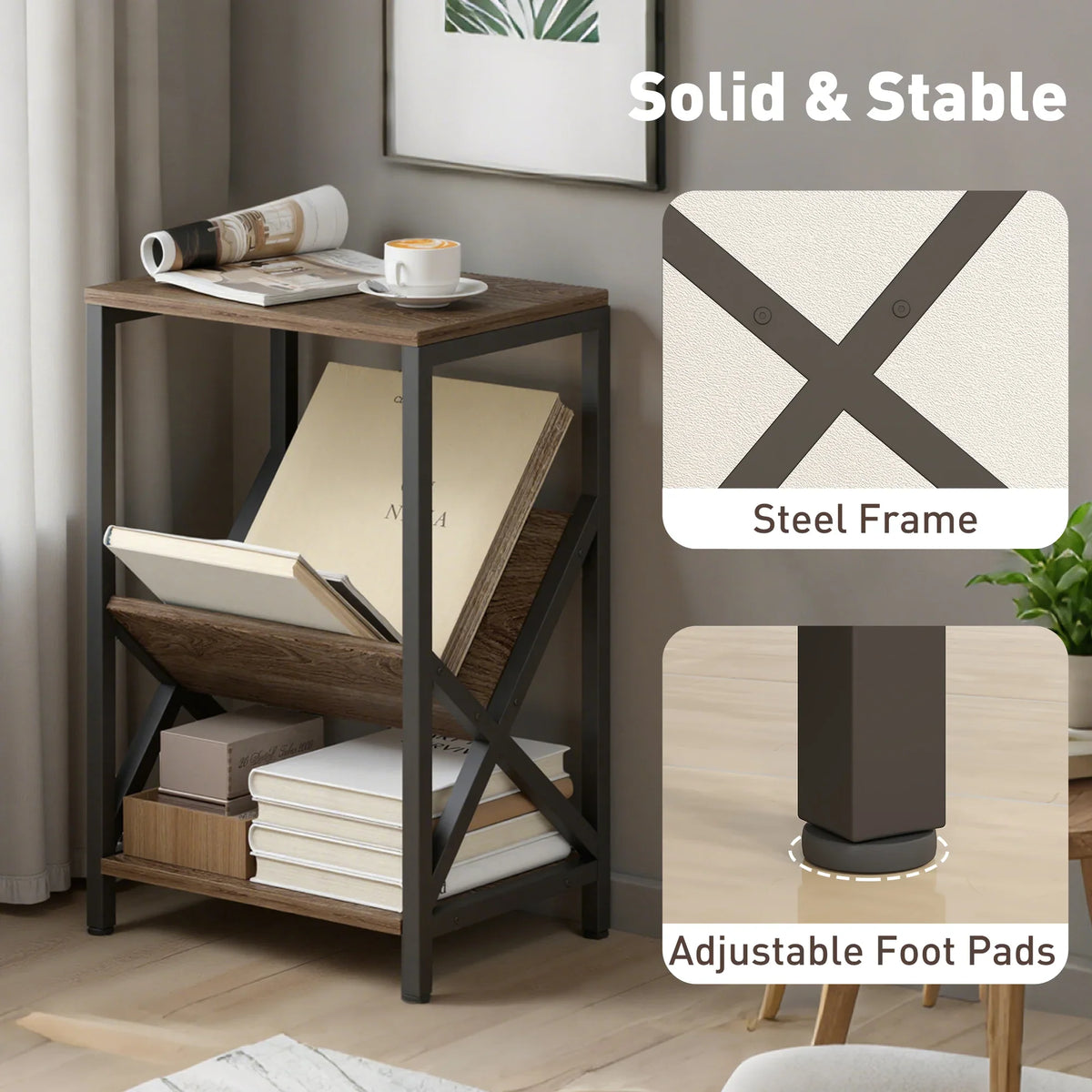 Narrow side table with V-shaped organizer, dark wood shelves and black steel frame, adjustable feet