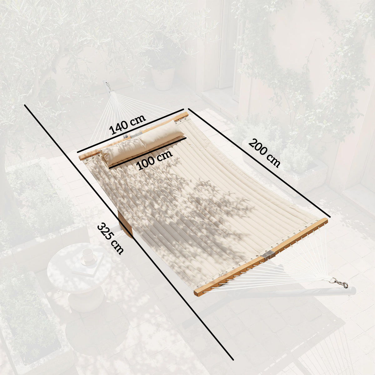 Double hammock bed with cream fabric showing size measurements and wooden spreader bars