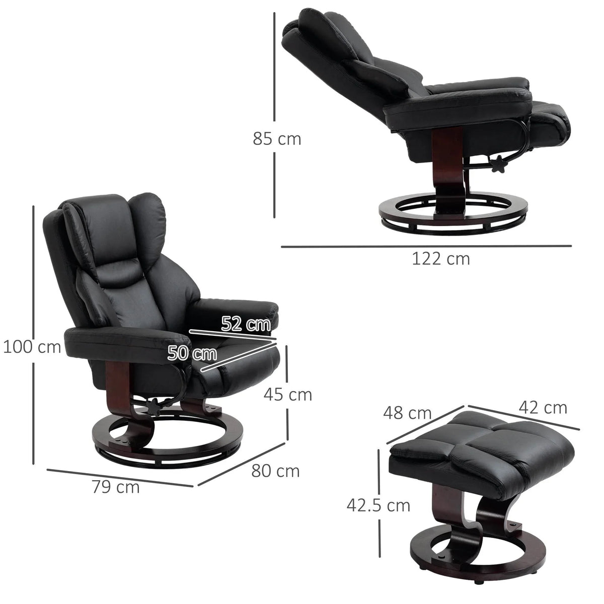 Black reclining swivel armchair with round base and matching cushioned footstool