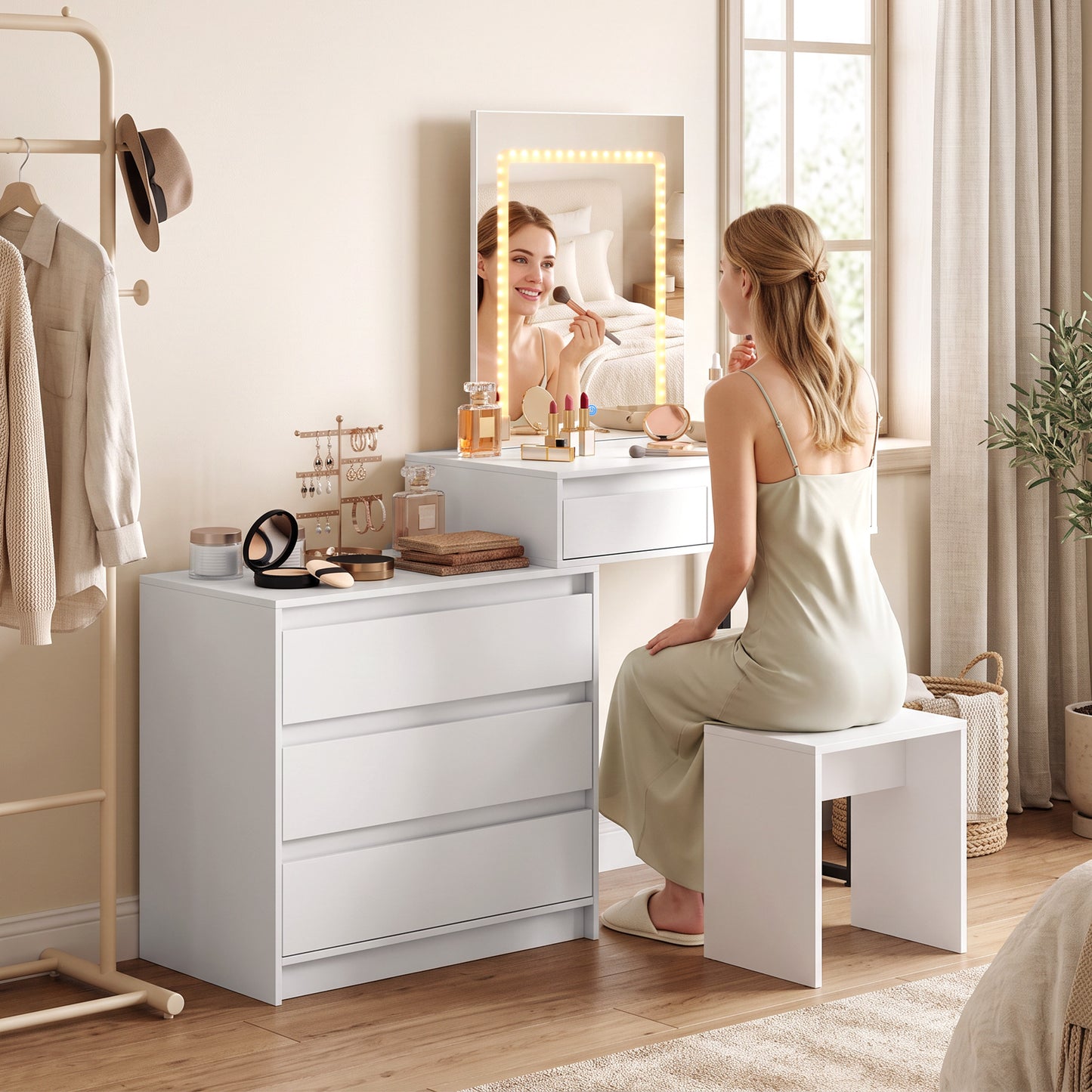 HOMCOM White Vanity Makeup Desk With Three Colour LED Mirror And Five Drawers