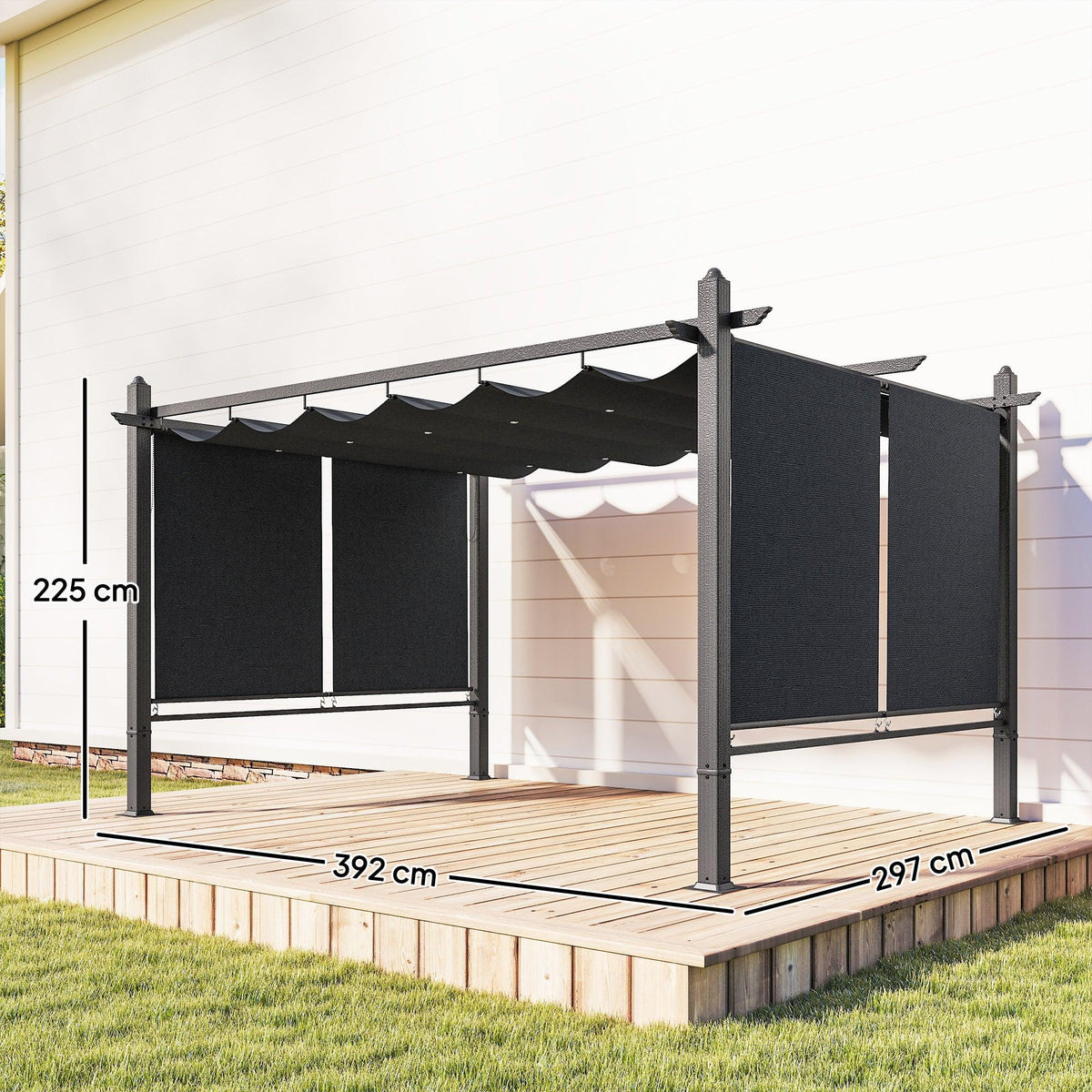 Dark grey pergola with retractable roof, open front panels, and side curtains