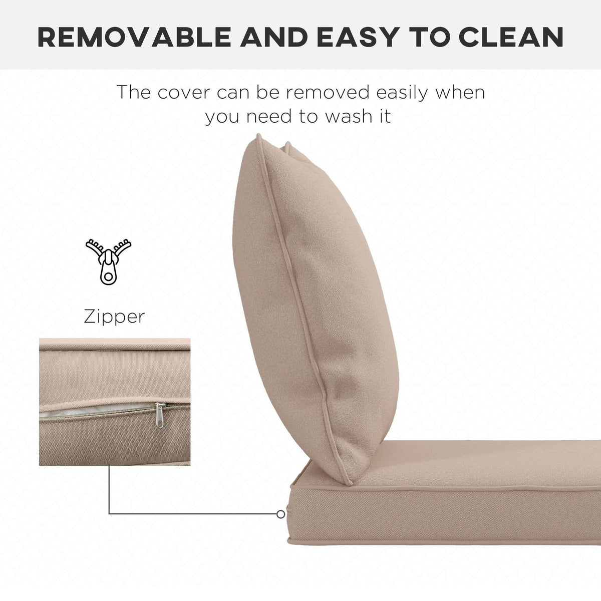 Beige cushion with removable cover and zipper closure