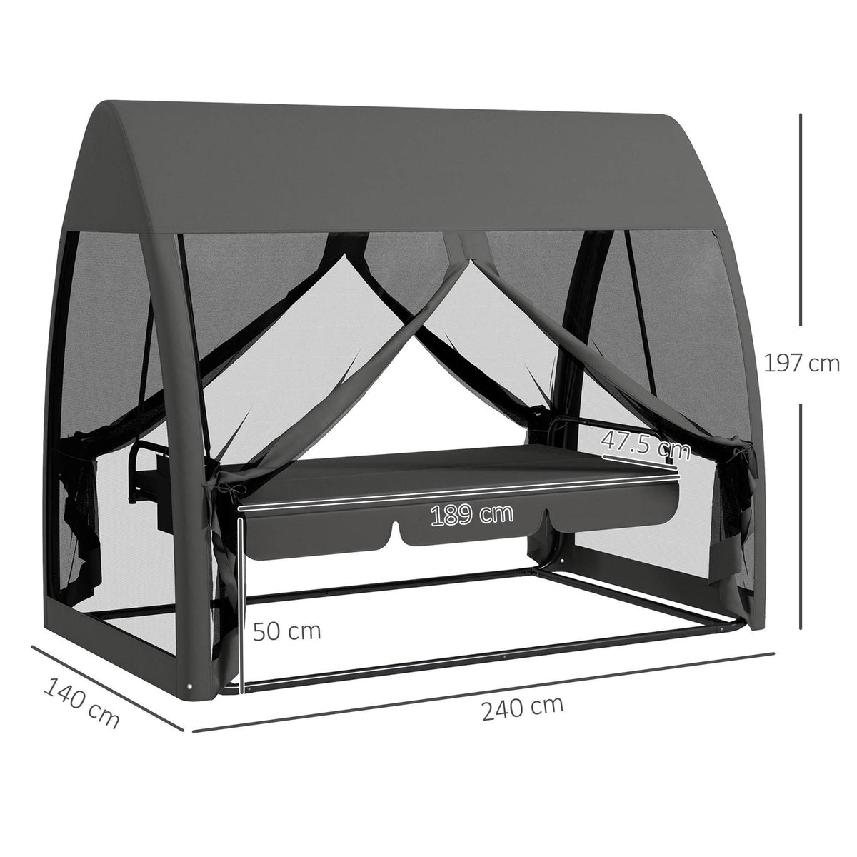 Grey 3-seat swing chair with canopy and mosquito-net curtains, open view