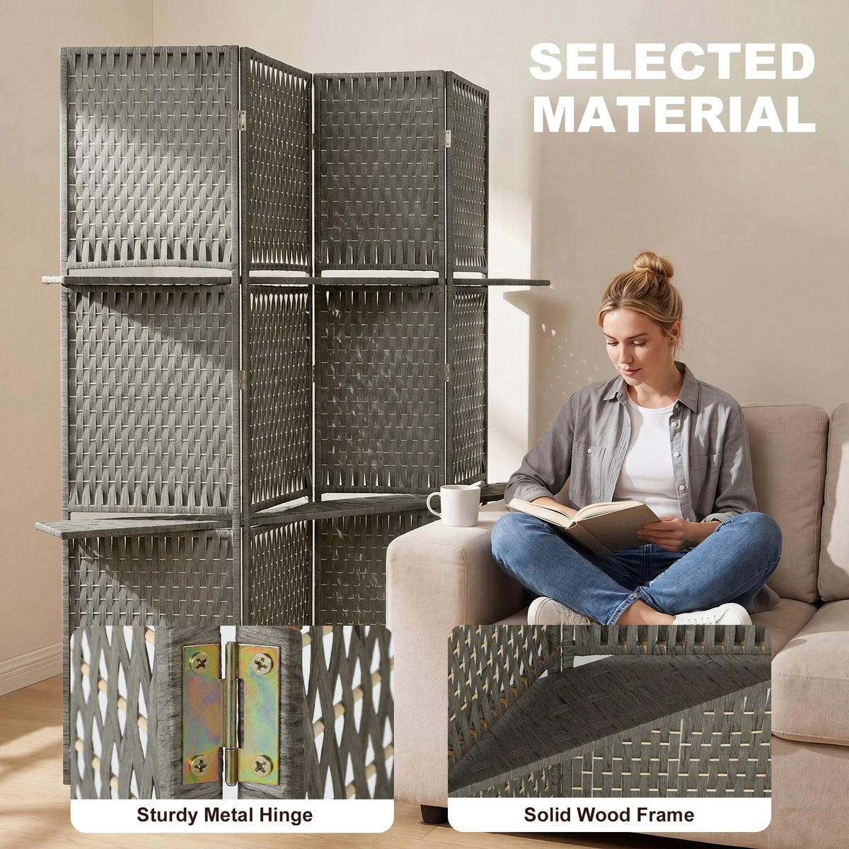 Grey privacy screen room divider with metal hinges and storage shelves, wave lattice panels