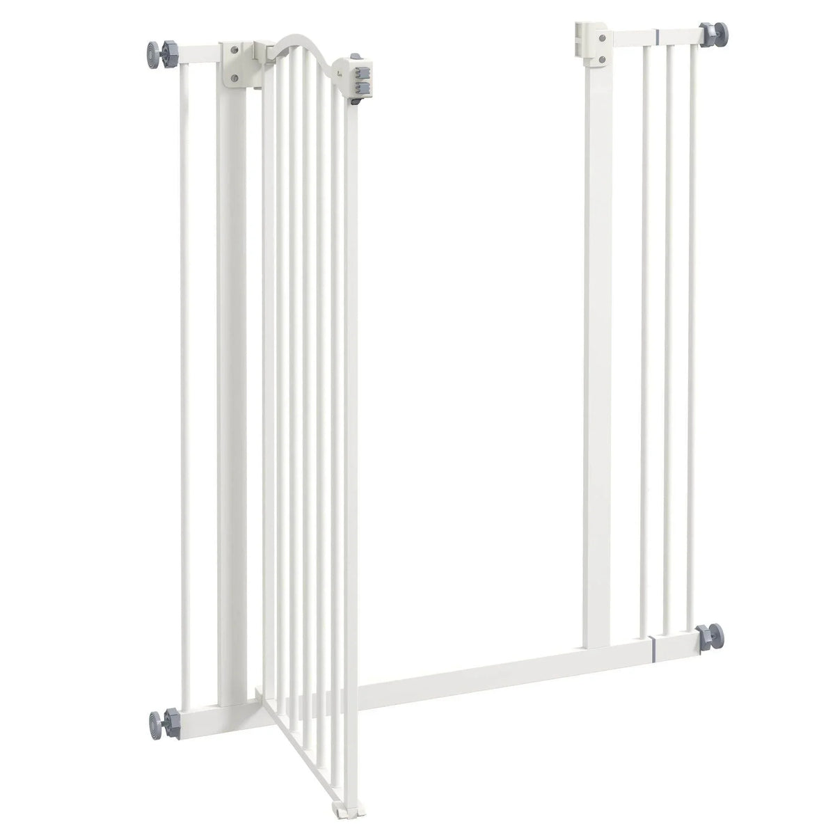 White folding pet gate frame with vertical bars and corner feet