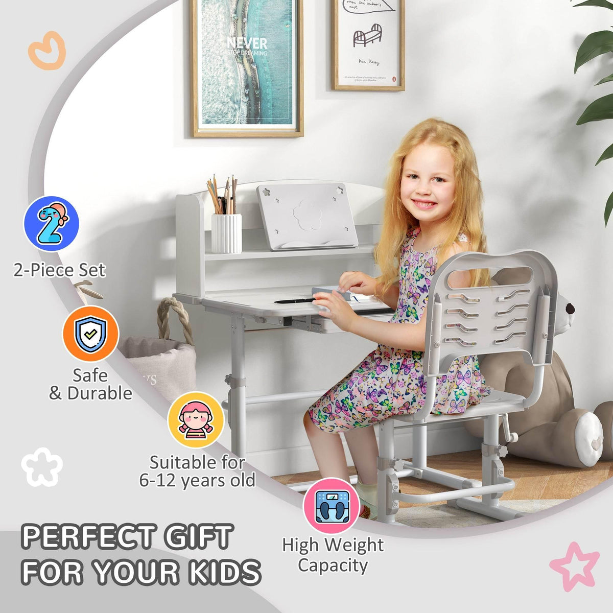 Grey kids study table and chair set with tilt tabletop and storage shelf