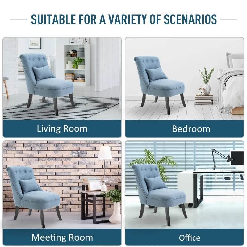 Blue upholstered tub chair shown in multiple room settings, tufted back and square cushion