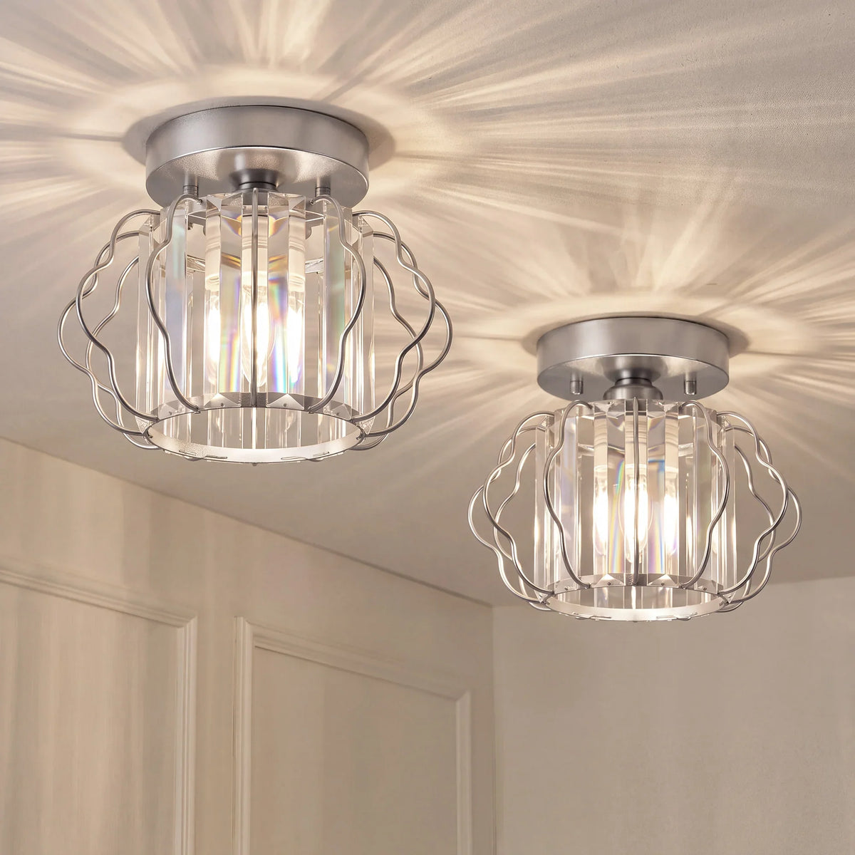 Silver semi-flush ceiling light with clear crystal bars and curled metal frame