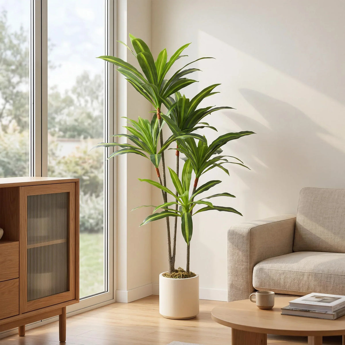 HOMCOM artificial dracaena tree with green leaves in white pot near window and sofa
