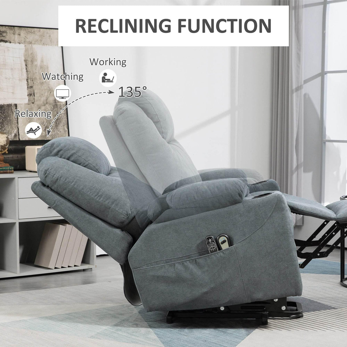 Electric lift recliner chair, charcoal upholstery, fully reclined with supportive armrests