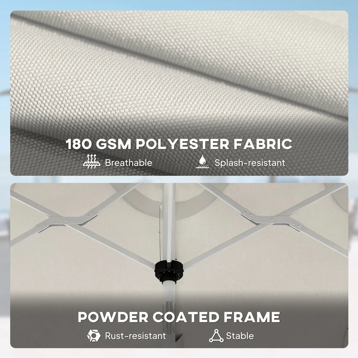 Cream polyester parasol fabric with powder-coated frame and support ribs