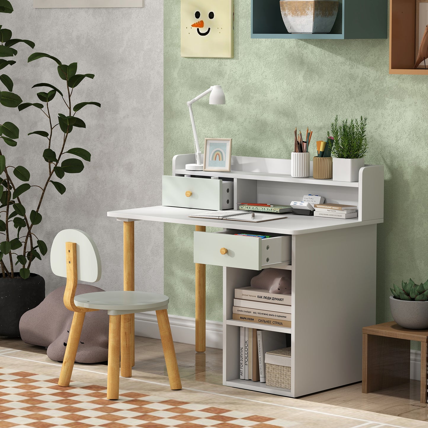 AIYAPLAY Two Piece Children Study Table With Hutch And Kids Desk And Chair Set With Storage Drawers Shelves Green