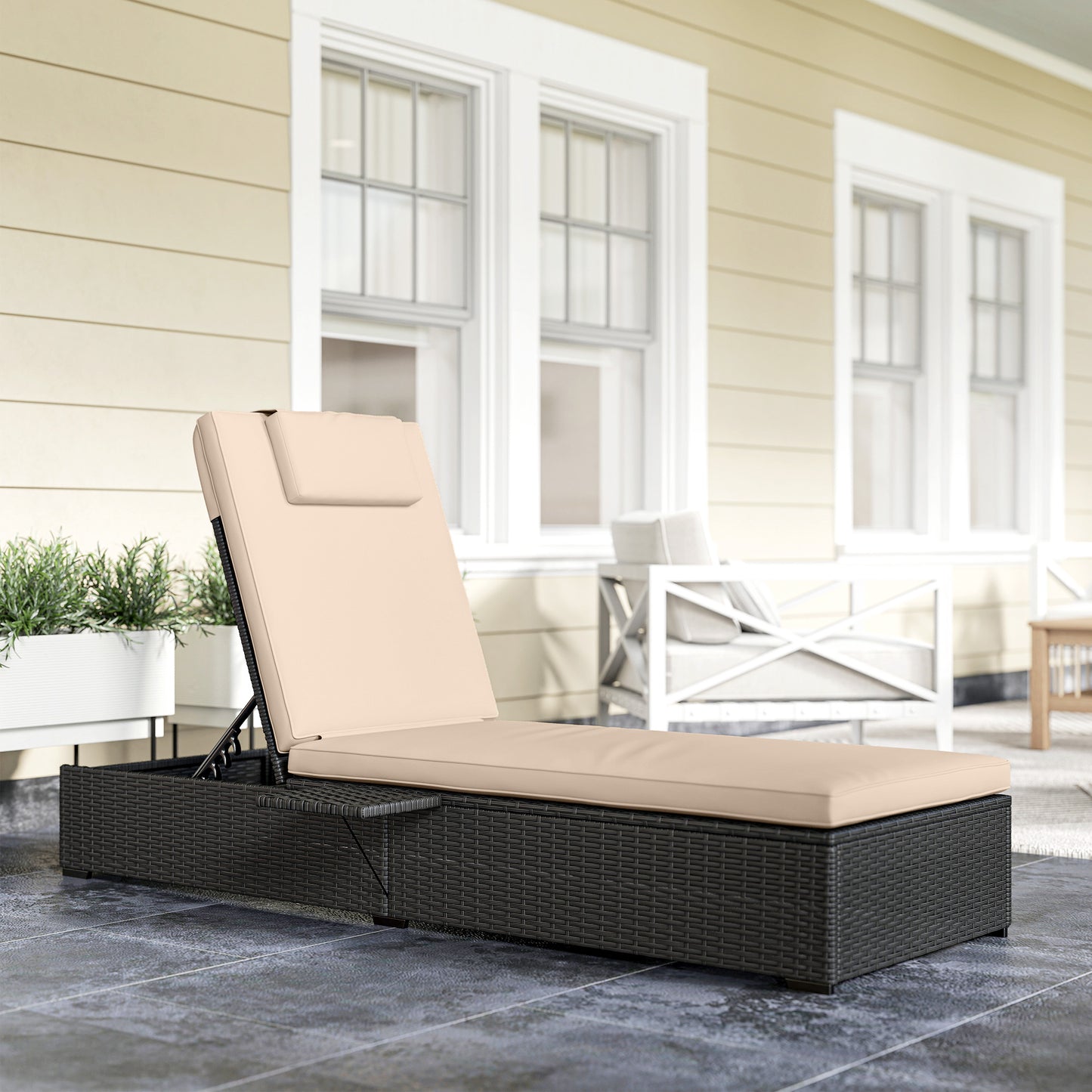 Outsunny Rattan Sun Lounger With Five Position Reclining Back Side Tray And Cushioned Seat In Black
