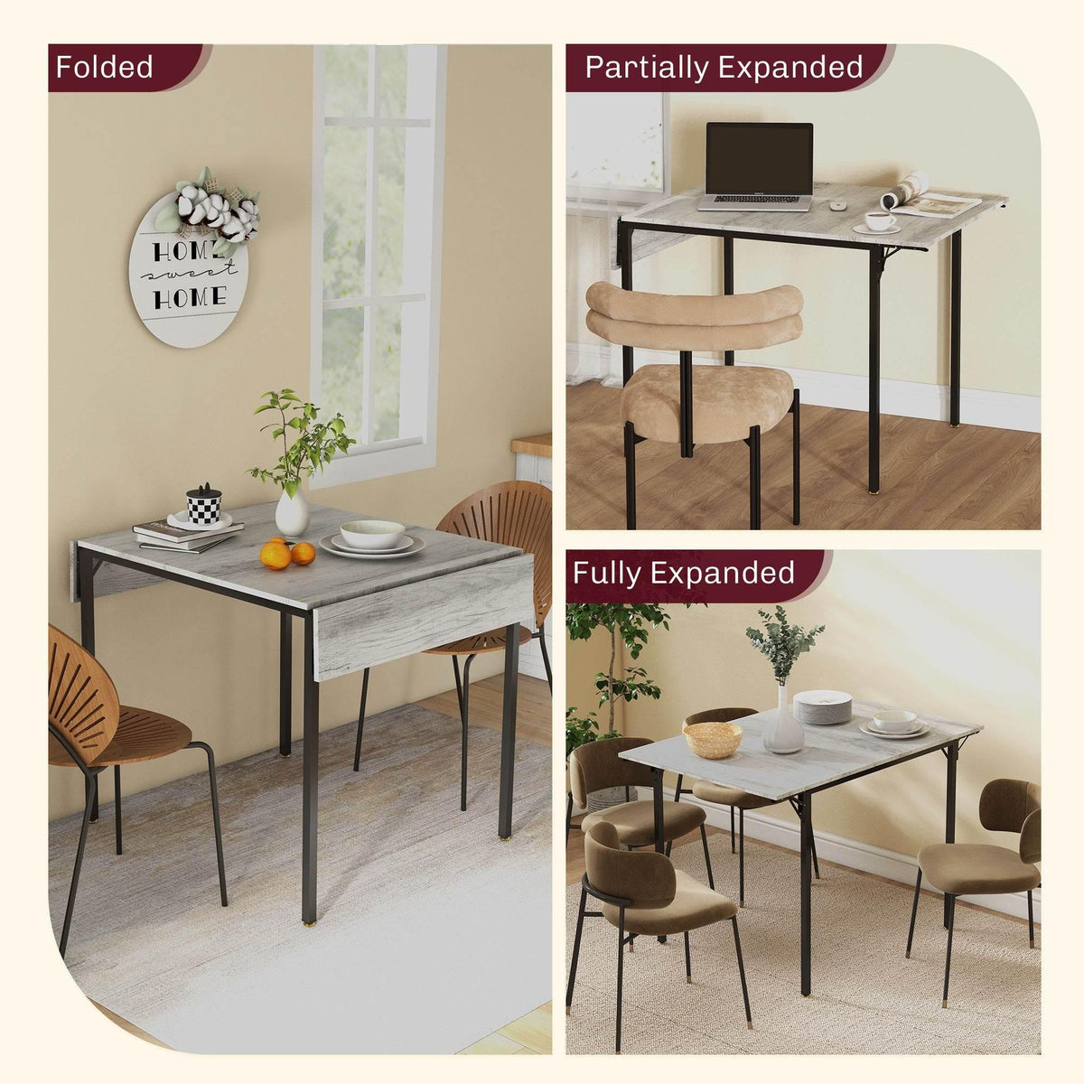 Grey drop-leaf folding table shown folded, partially expanded, and fully expanded