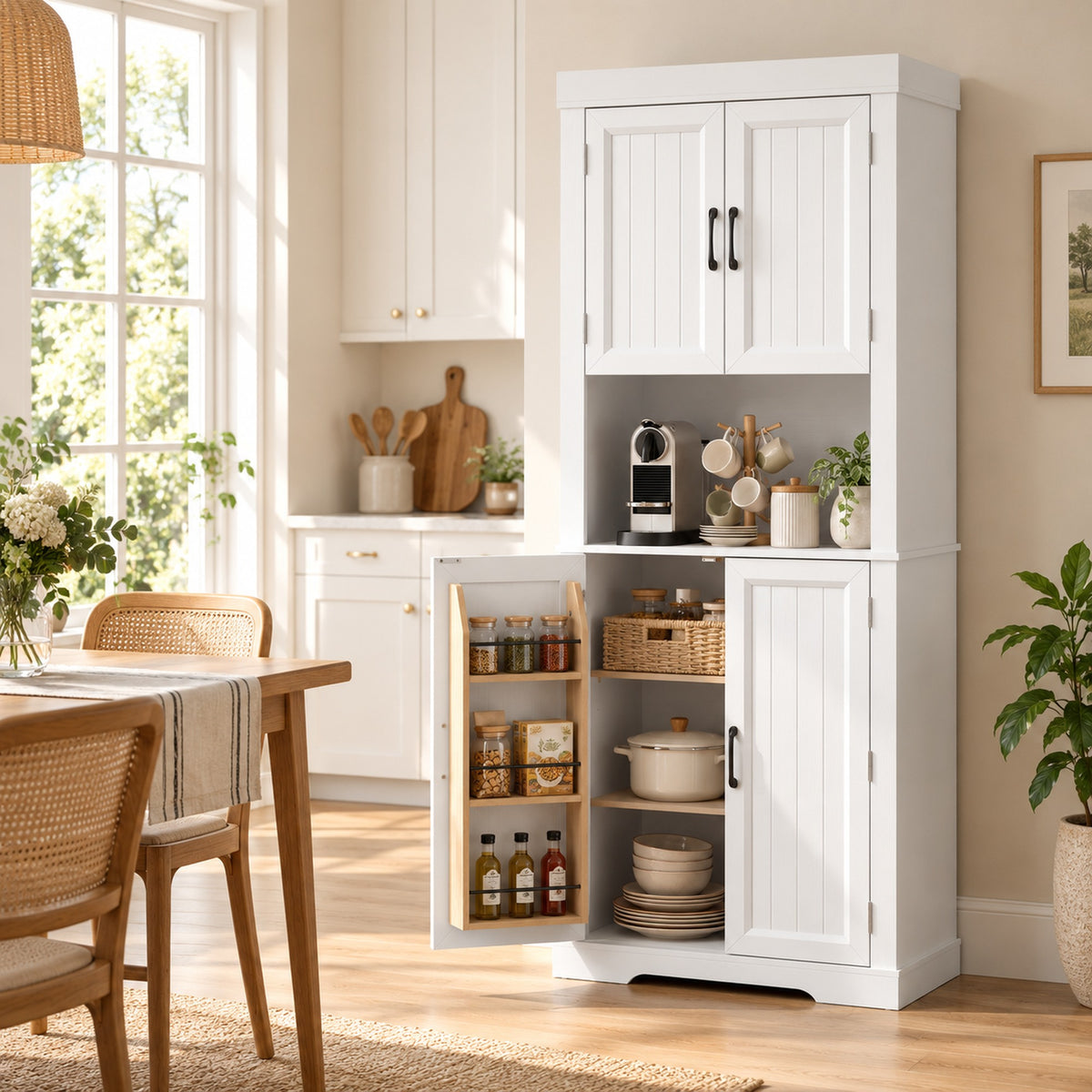 White kitchen cabinet with multiple doors and built-in shelves for dishes and pantry items