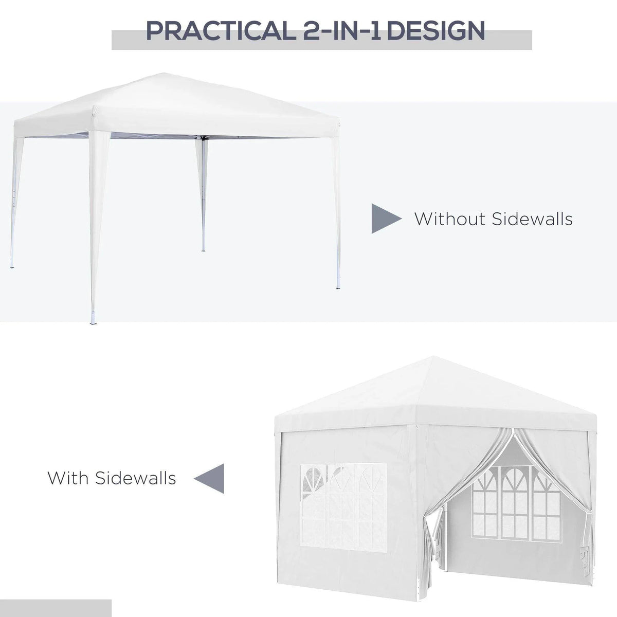White pop-up gazebo tent shown with and without sidewalls