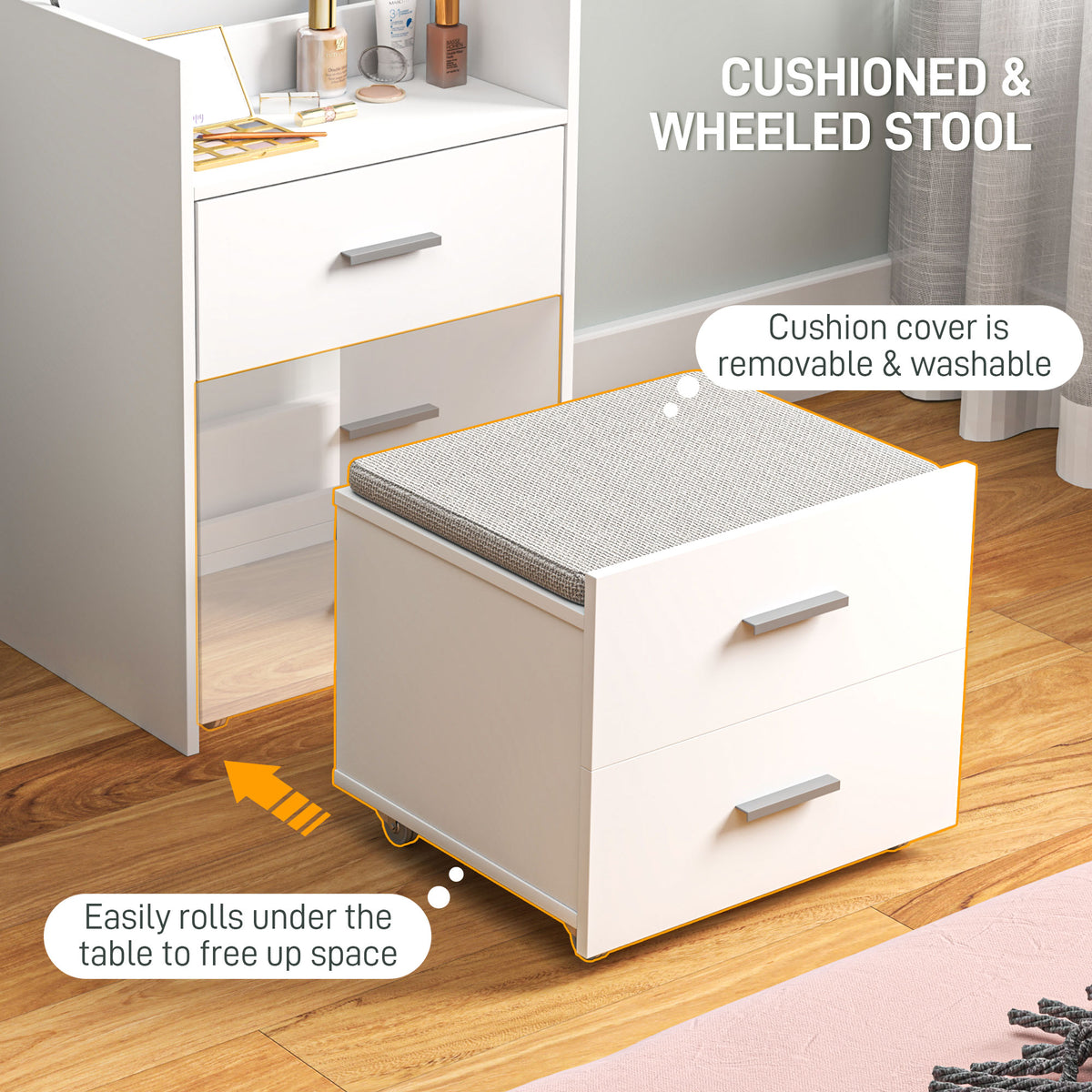 White wheeled cushioned flip-top storage stool with drawer front.