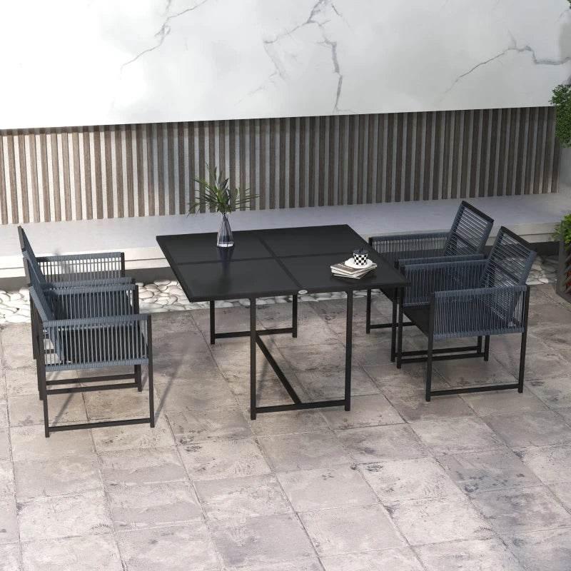 Metal outdoor dining table with four folding-back chairs, dark gray powder-coated frame