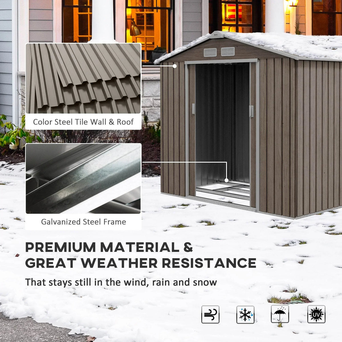 Brown metal storage shed with galvanized steel frame and color steel tile roof
