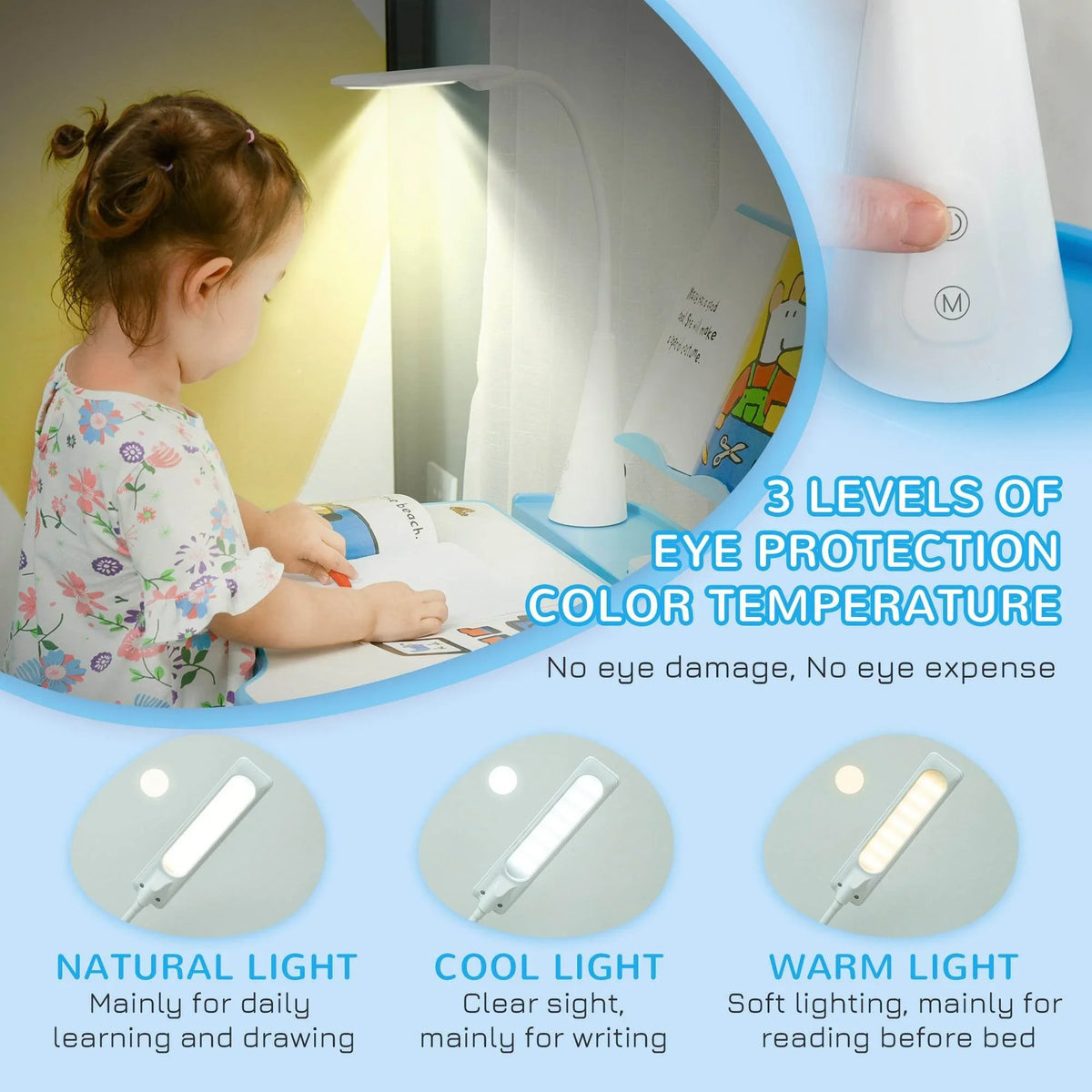 Kids desk lamp with three light color modes: natural, cool, and warm