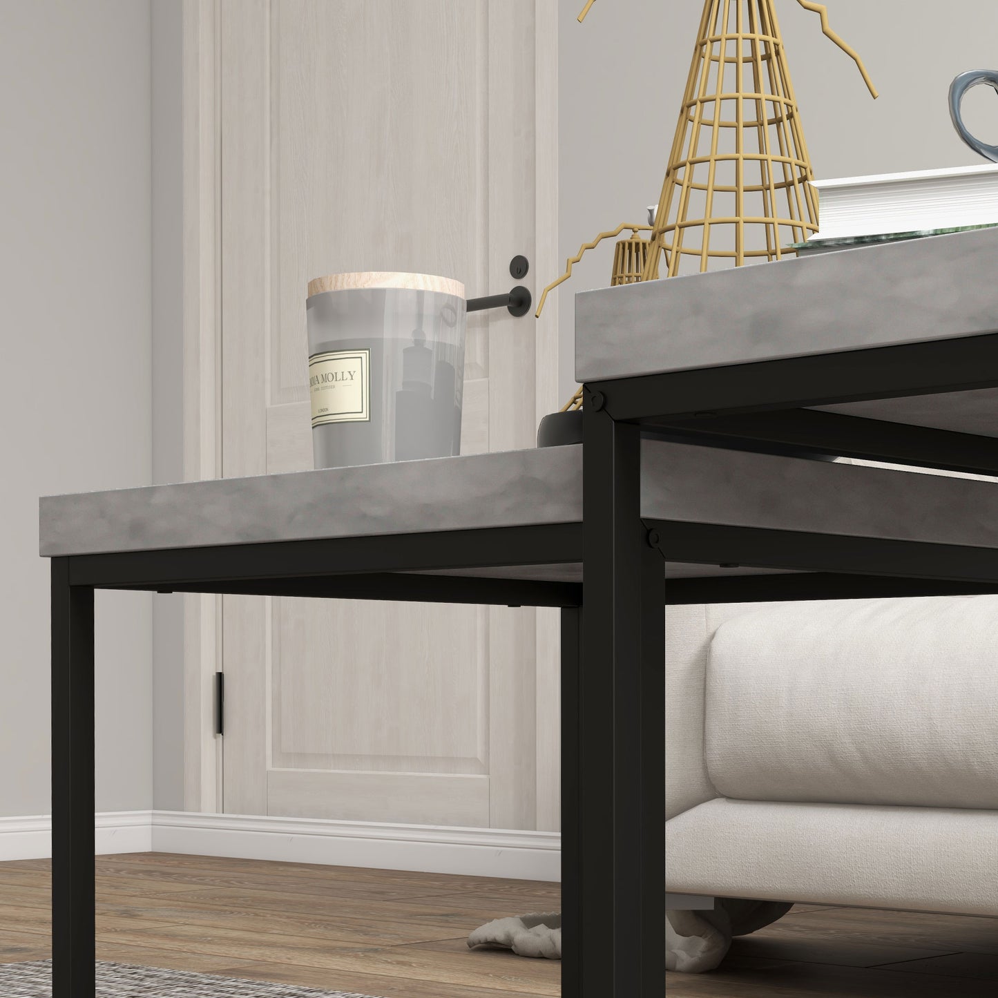 HOMCOM Nesting Coffee Table Set Of 2 With 3.5 Centimeter Thick Tabletops Grey Living Room Or Bedroom