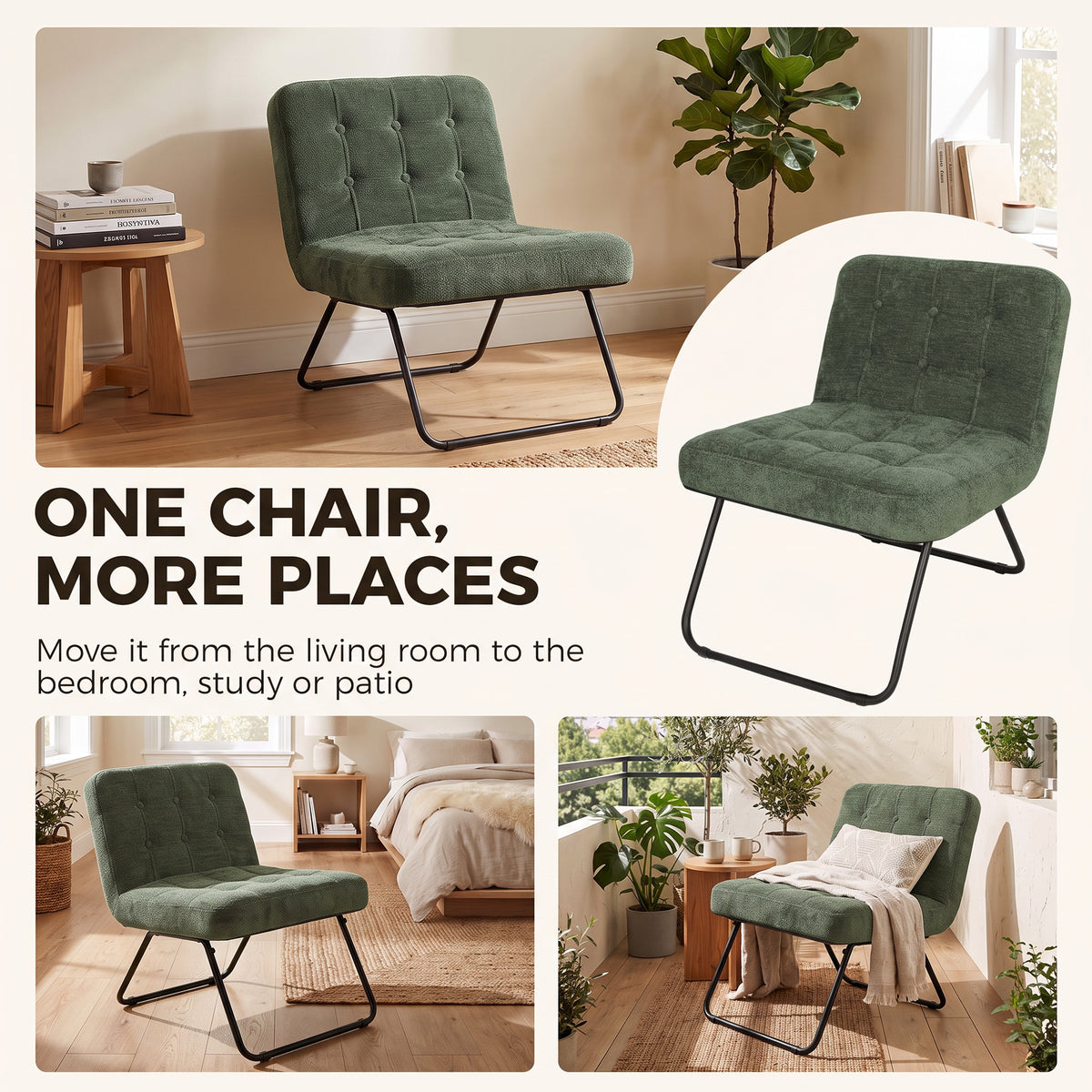 Dark green foldable accent chair with tufted back, padded seat, and black metal base