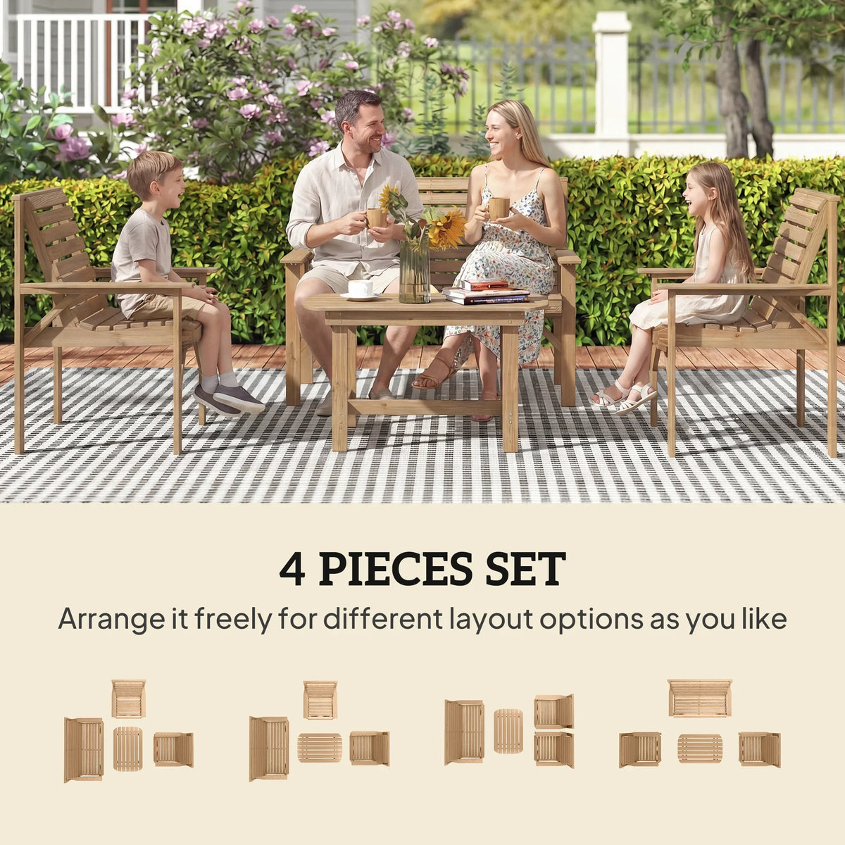 Natural wood 4-piece patio seating set with two armchairs, loveseat, and coffee table