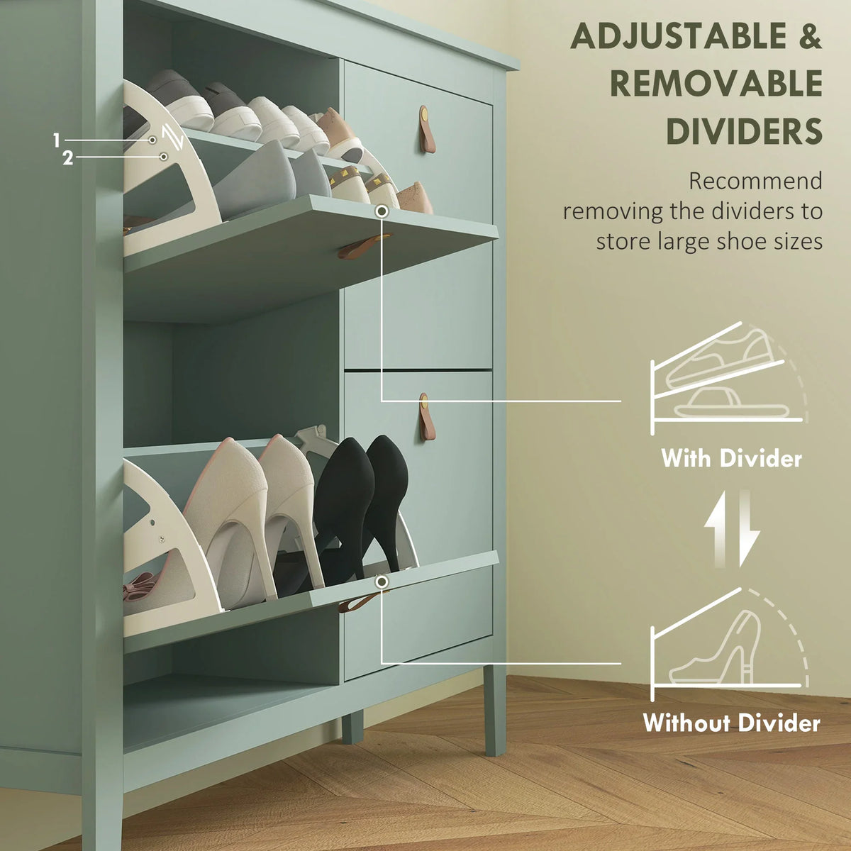 Green shoe cabinet with adjustable/removable dividers in open shoe storage