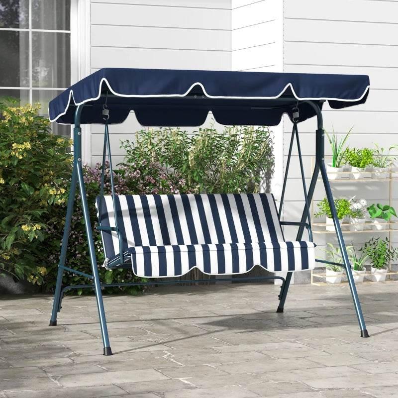 Blue-striped 3-seat garden swing chair with dark canopy and striped seat cushions