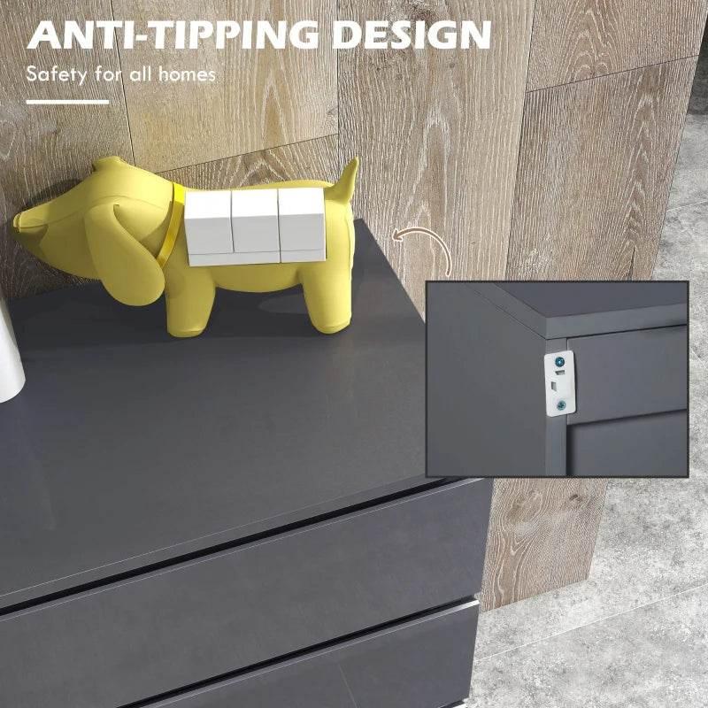 Dark gray chest of drawers with anti-tipping design and drawer safety features