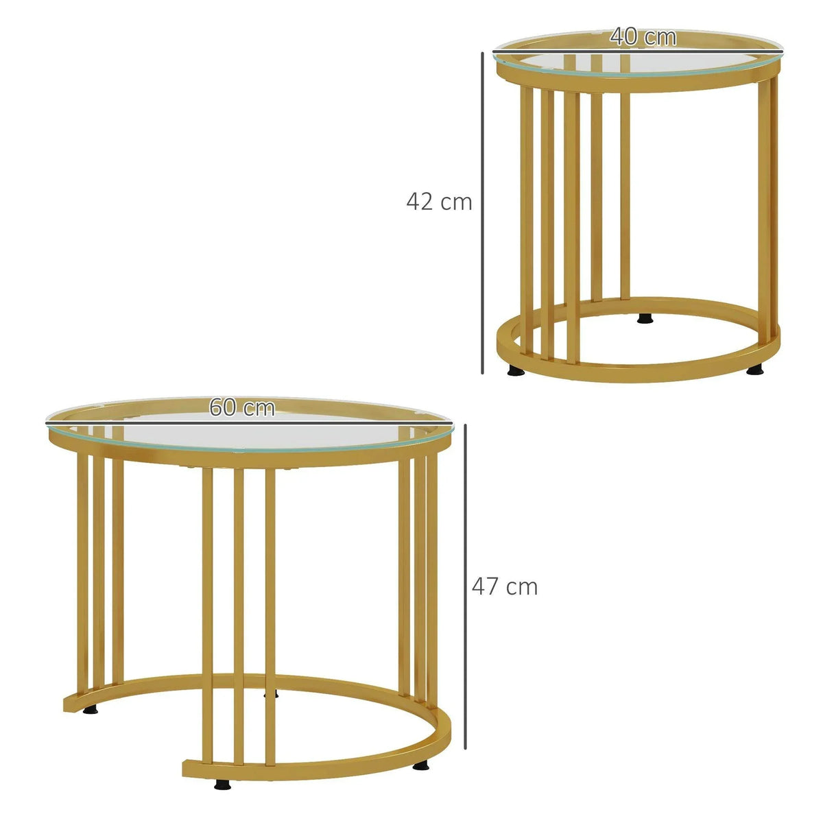 Gold round nesting coffee table set with clear glass tops, size and height view