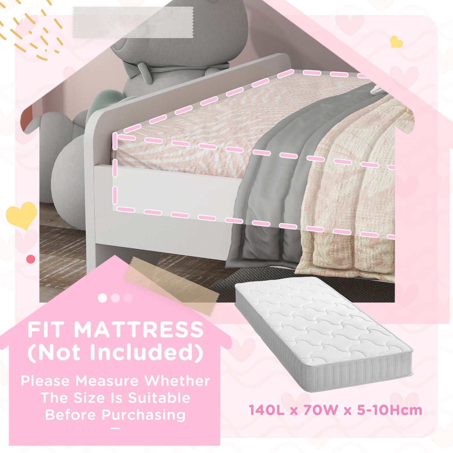 White unicorn toddler bed with open frame and low mattress platform, side view