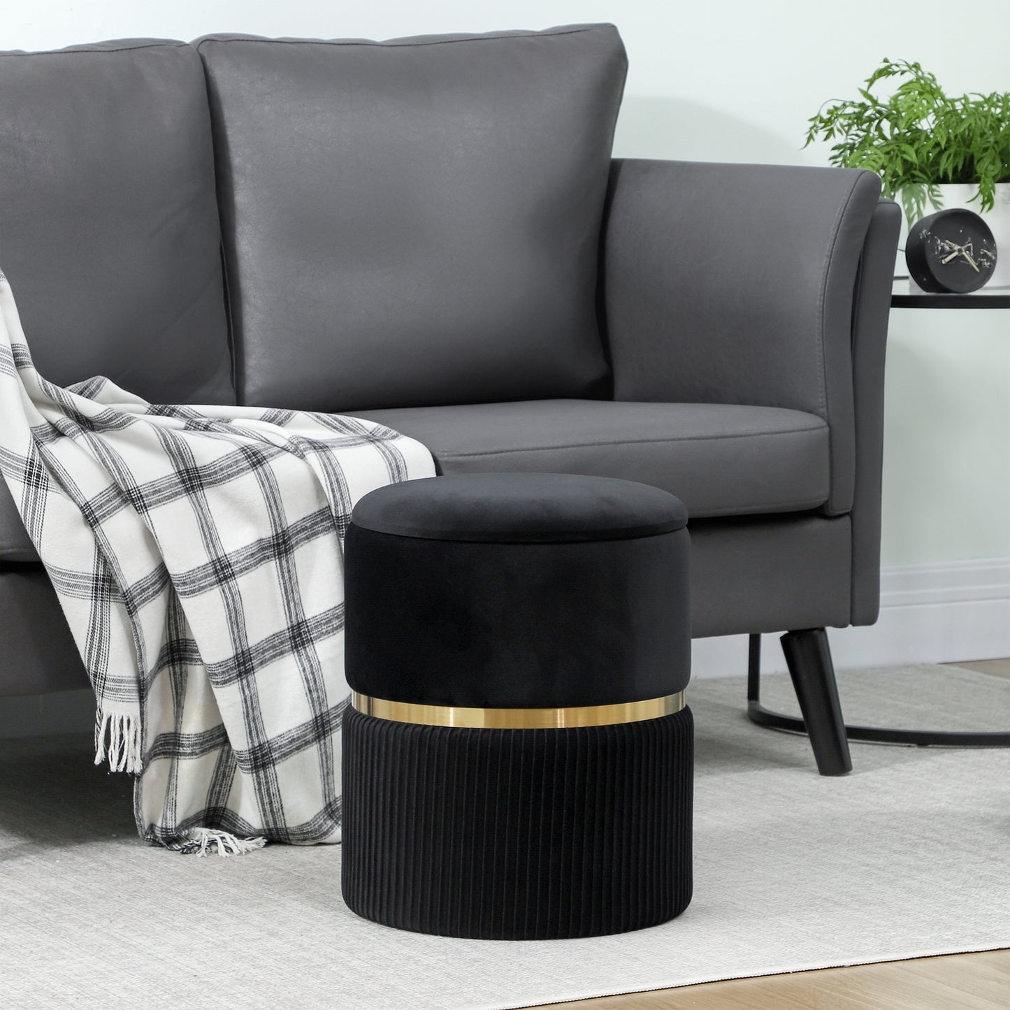 HOMCOM Velvet-Feel Storage Ottoman With Hidden Storage And Soft Black Upholstery For Living Room And Bedroom Decor