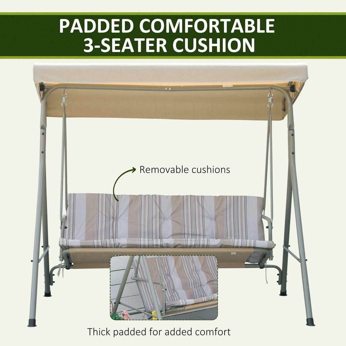 3-seat canopy swing chair with padded striped seat and removable cushions