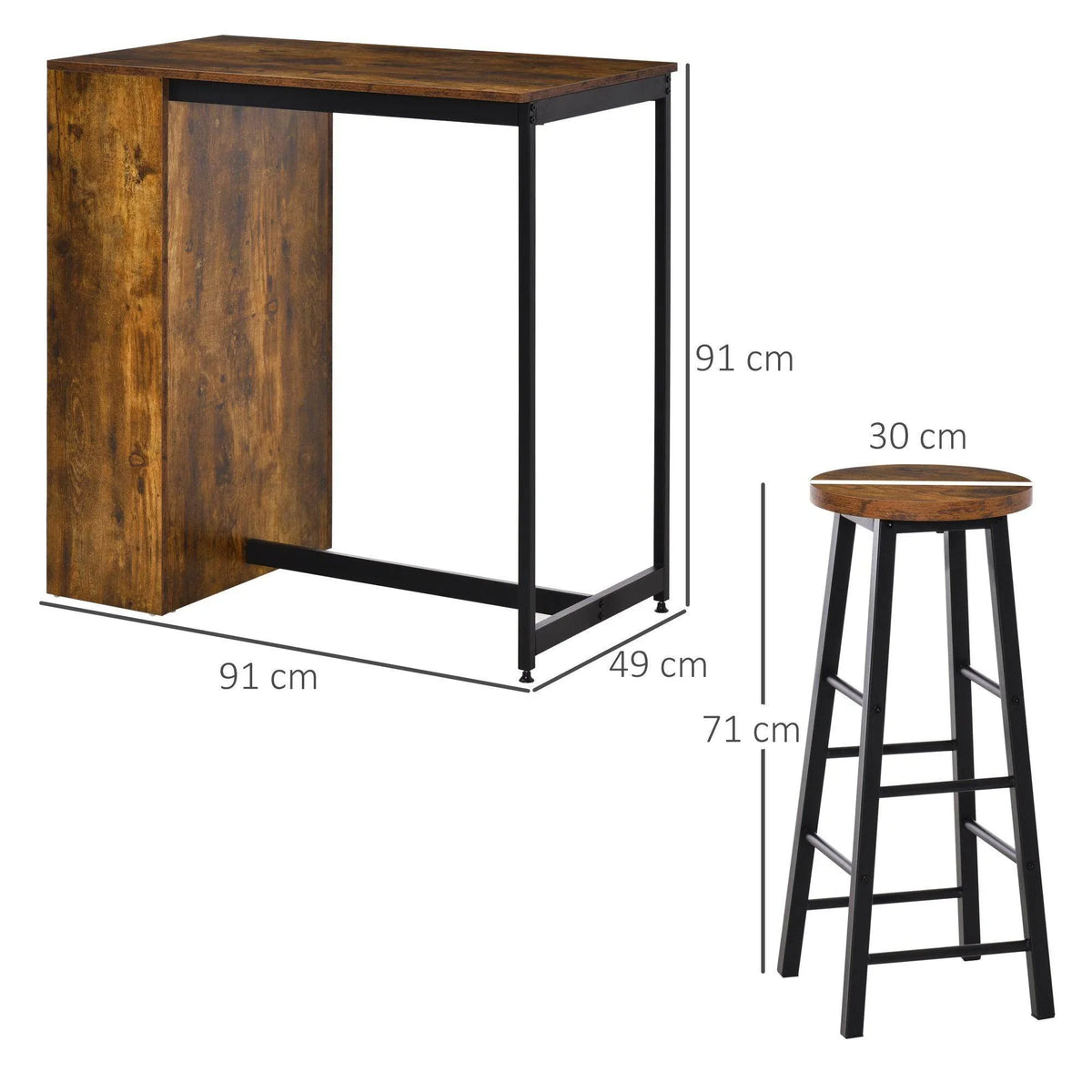 Woodgrain bar table with open side cabinet and two stools, black metal frames