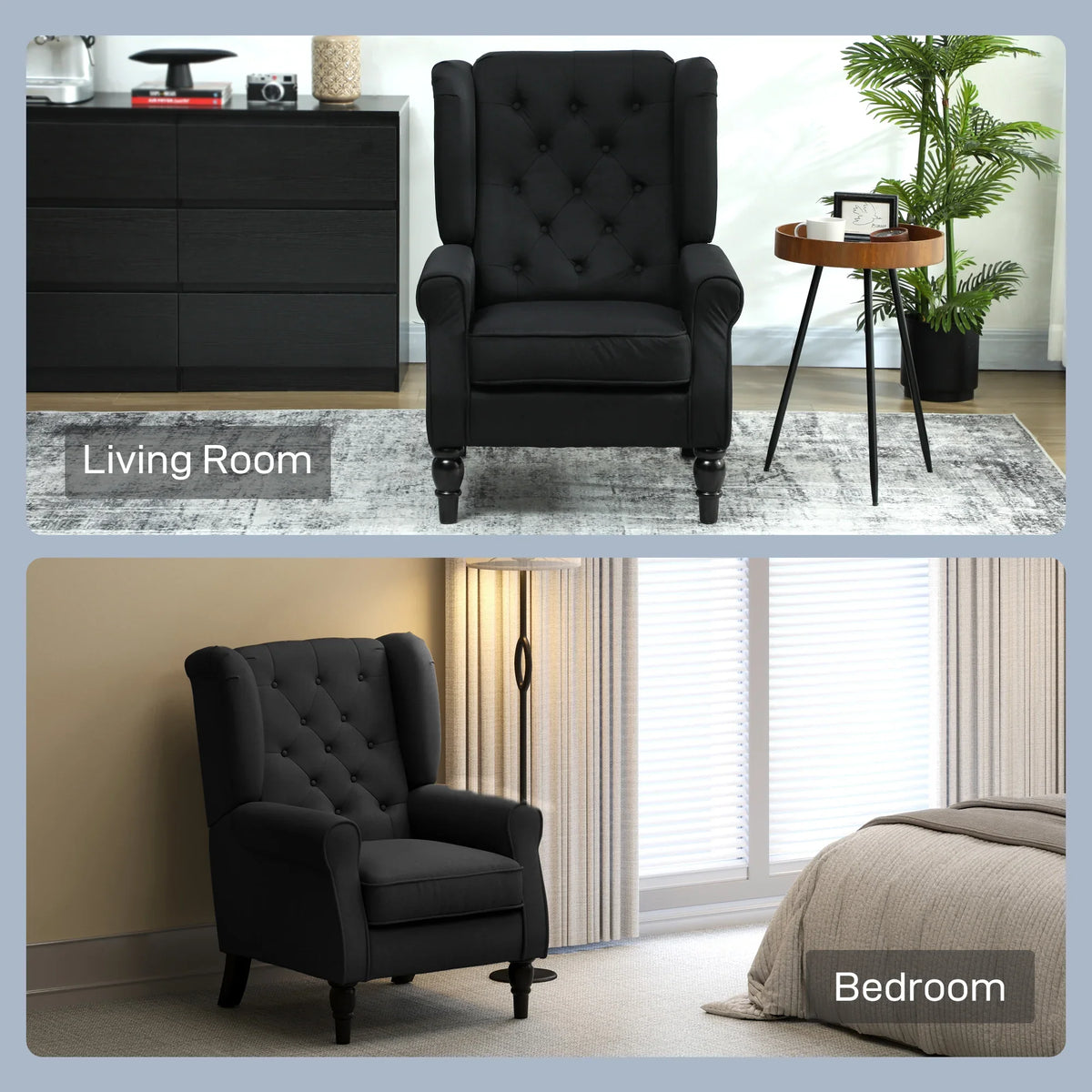 Black wingback accent chair shown in living room and bedroom settings, front view