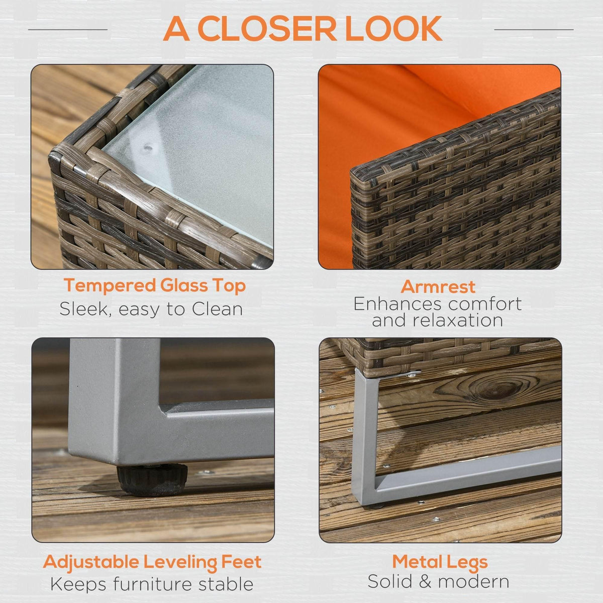 Patio table section detail with tempered glass top, woven armrests, and metal legs