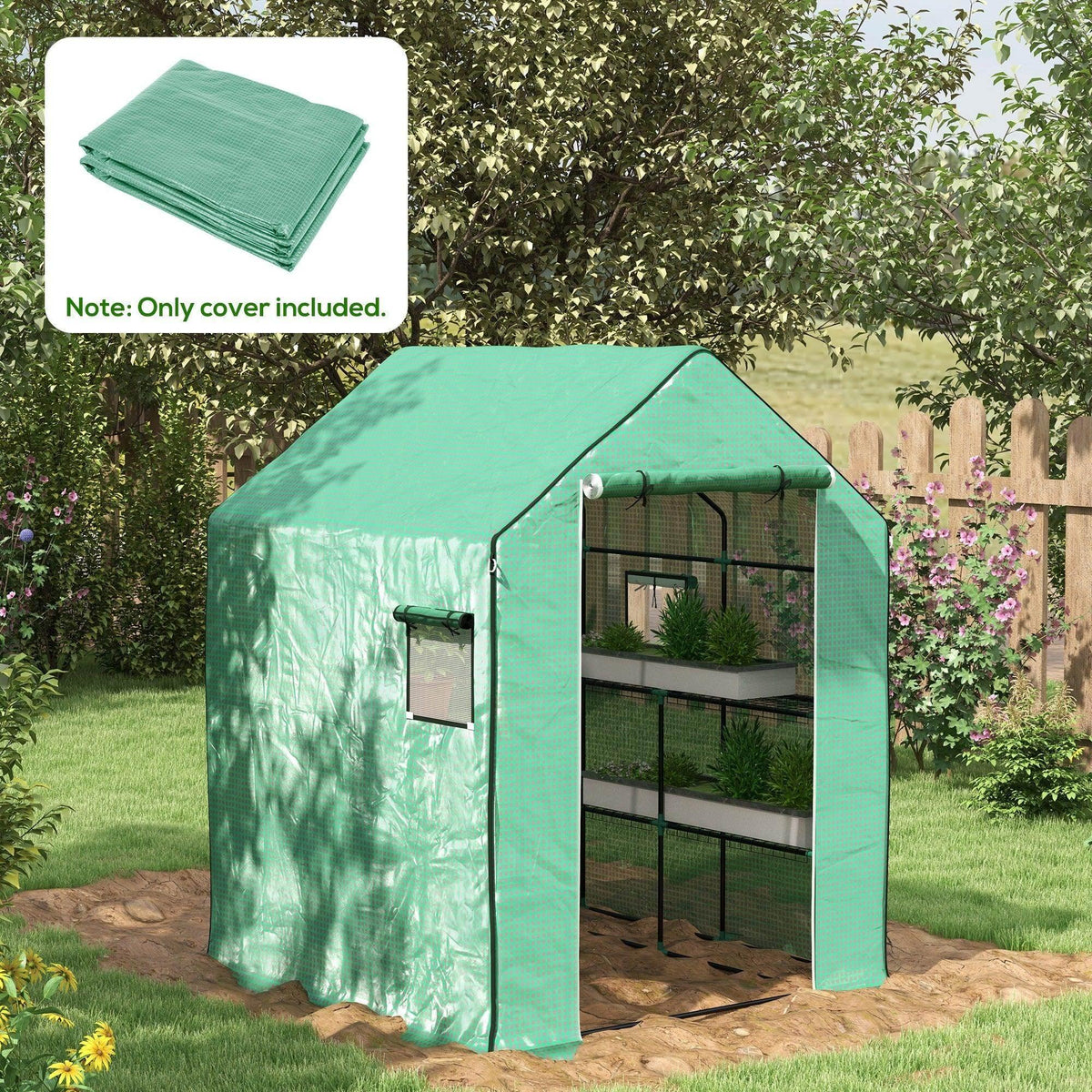 Green PE greenhouse cover replacement, folded stack with reinforced hem edge visible