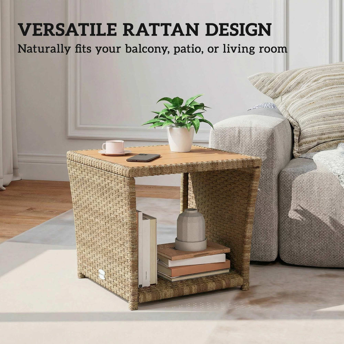 Khaki rattan-style outdoor side table with lower open shelf and slat top