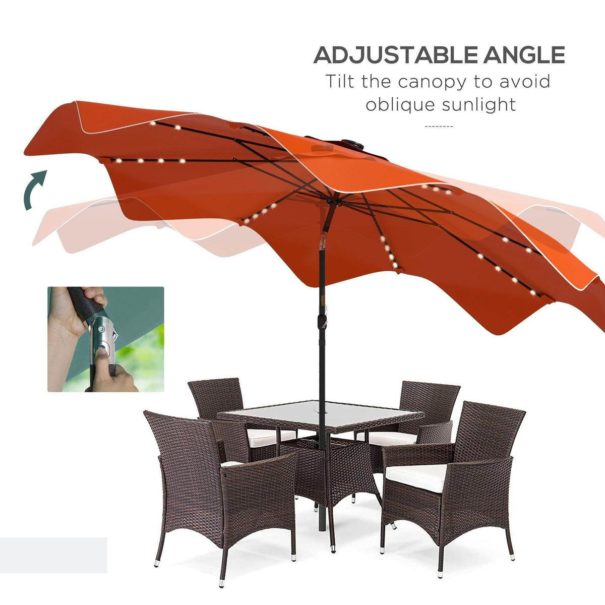 Orange tilt patio umbrella with adjustable canopy and center pole over outdoor chairs