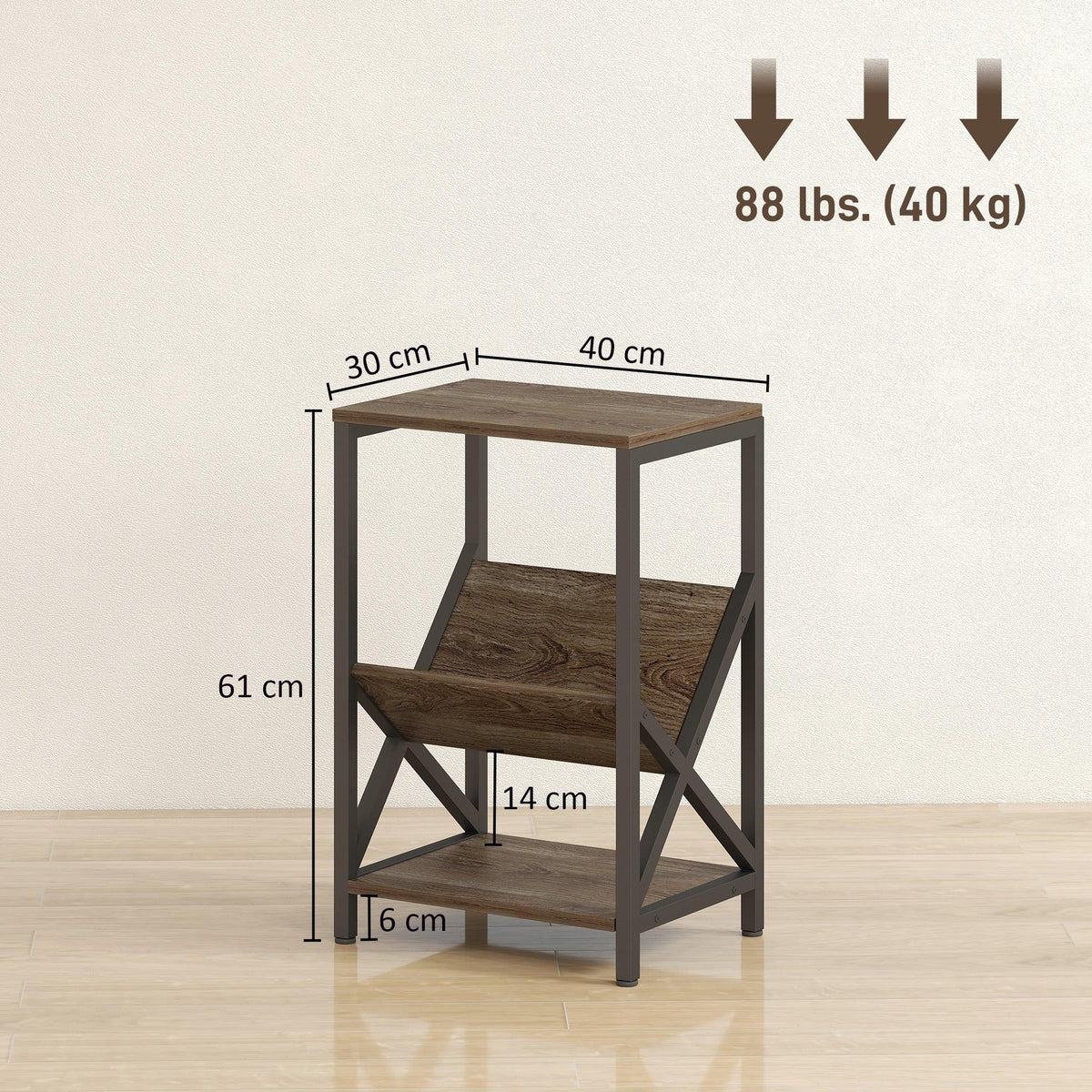 Narrow side table with V-shaped magazine holder, dark wood shelves and black steel legs