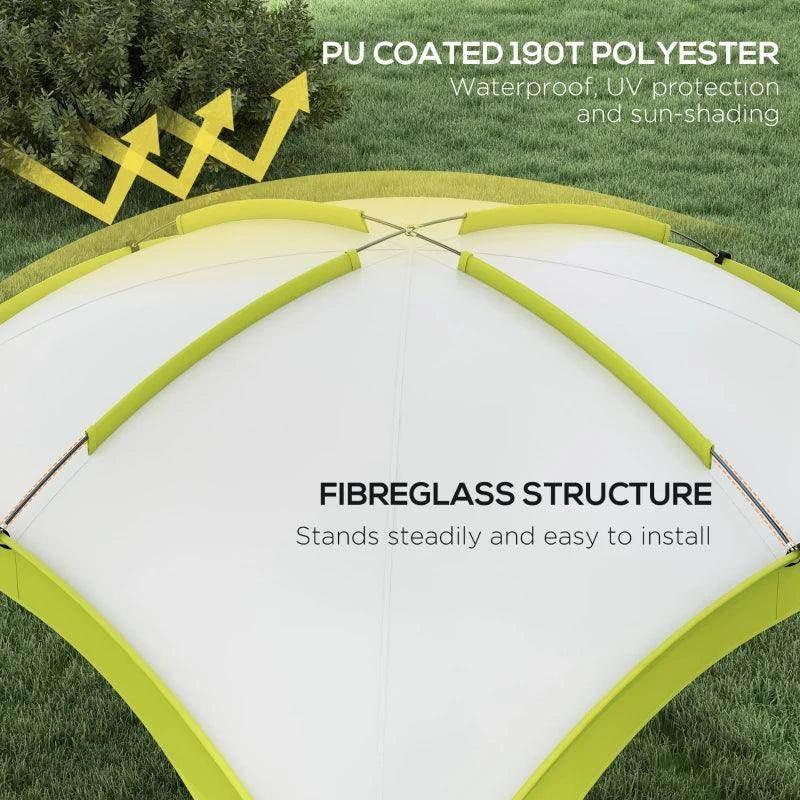 Green-framed dome camping gazebo with white PU-coated fabric roof surface
