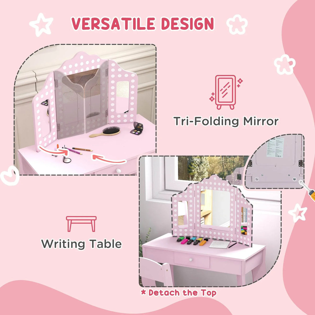 Pink kids vanity set with tri-fold mirror and detachable top