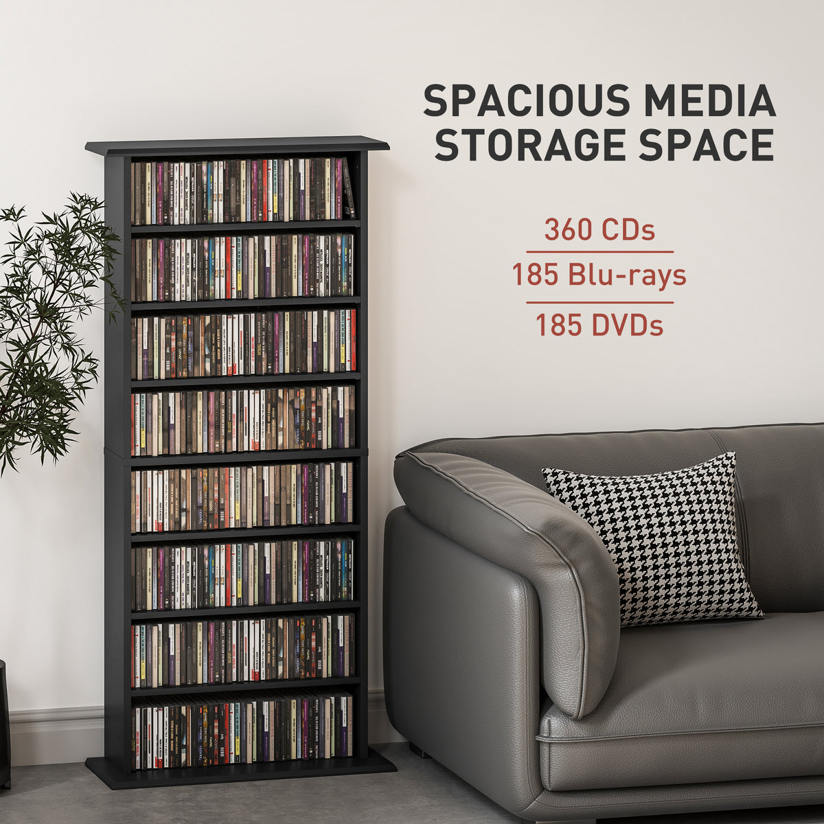Black media storage cabinet with six open shelves, filled with CD and Blu-ray cases