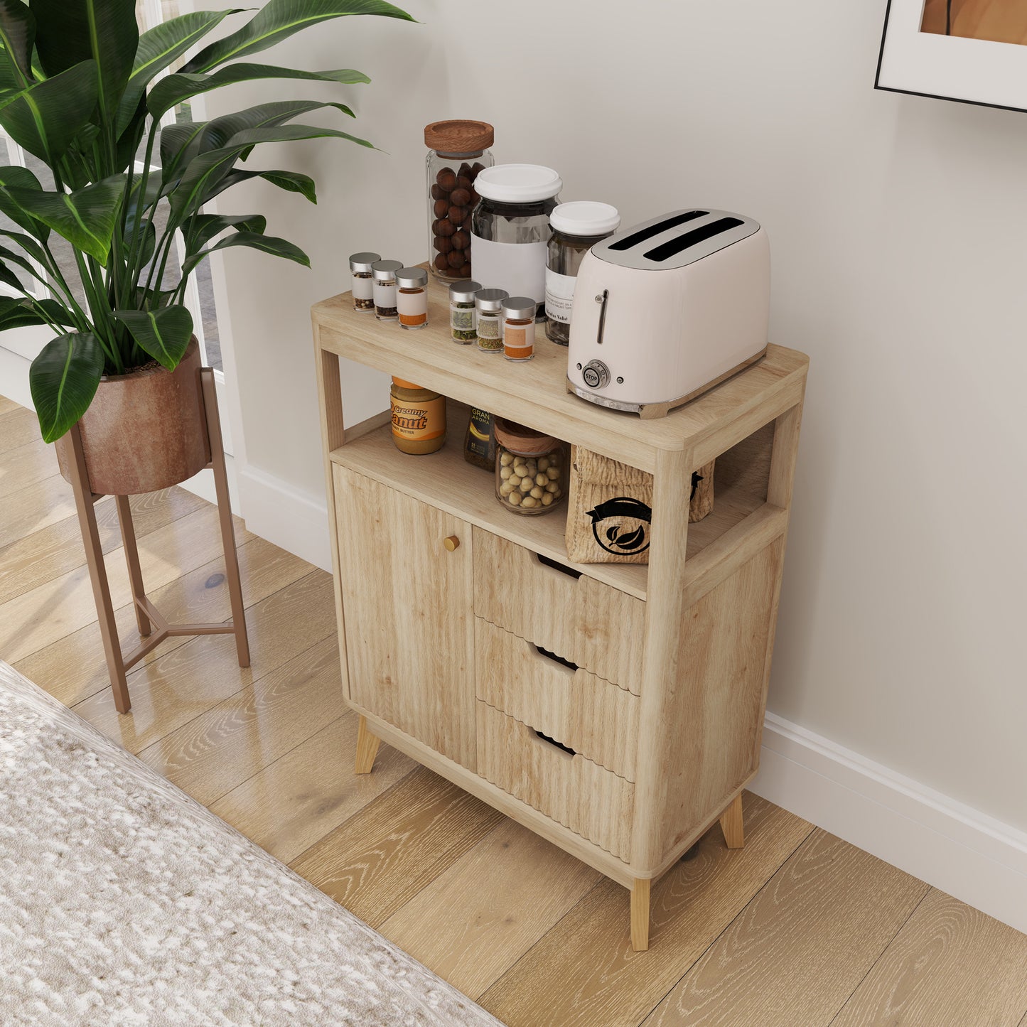HOMCOM Small Sideboard With Drawers And Adjustable Shelf Natural Wood Finish Fluted Front Panels And Angled Legs