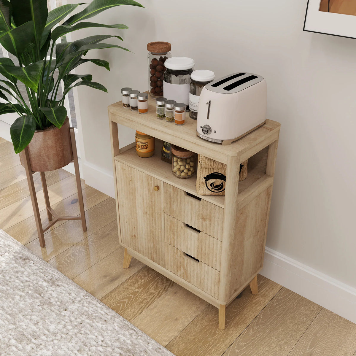 Light wood sideboard with fluted panels, drawer fronts, and open shelf storage