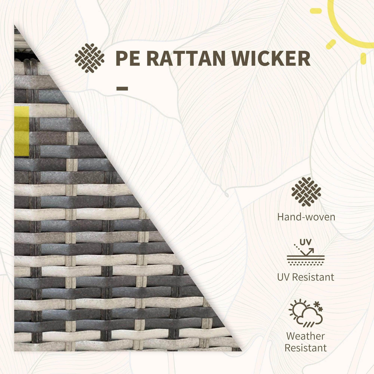 Hand-woven grey PE rattan wicker patio sofa frame with cushion seating surfaces