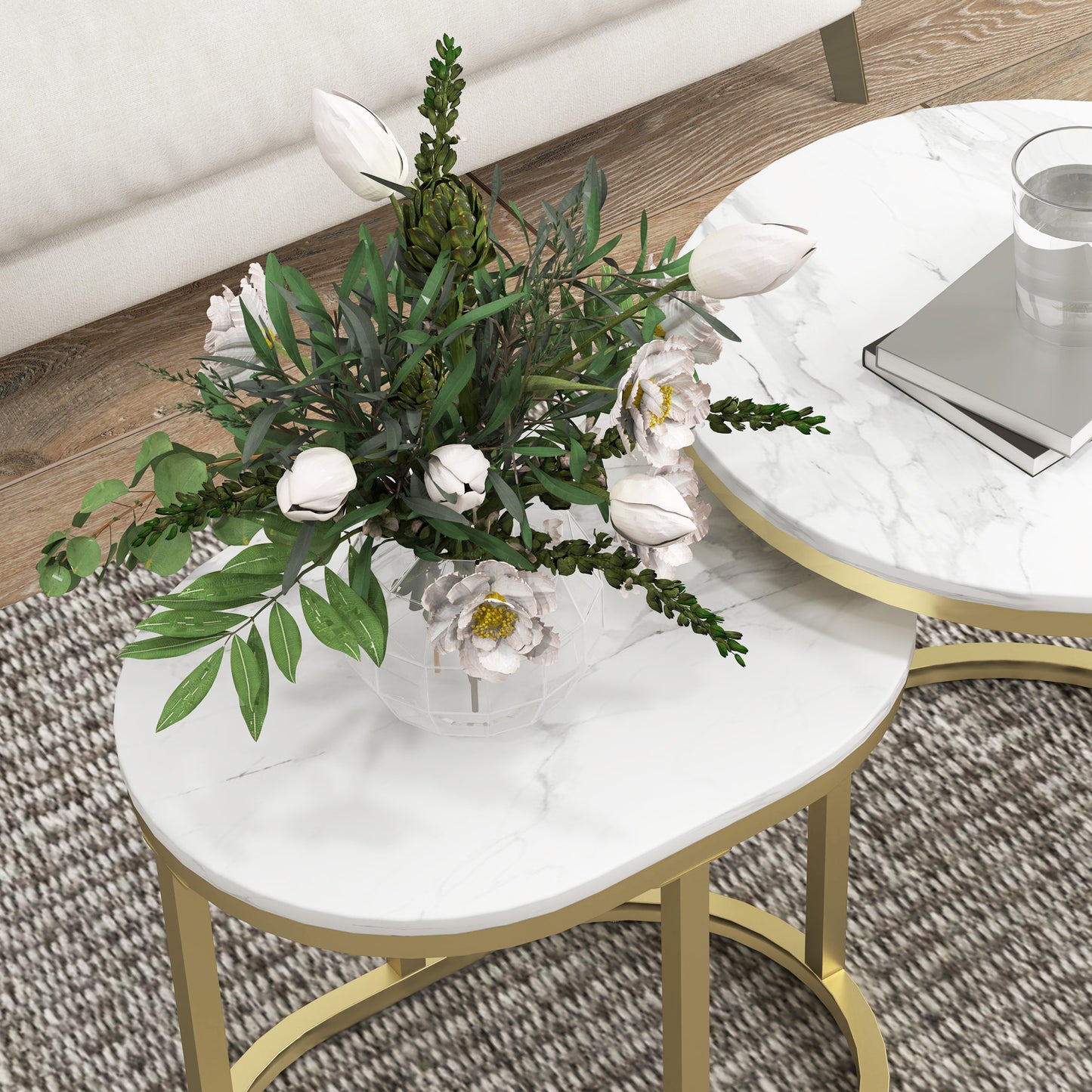 HOMCOM Nest Of Tables With Steel Frame And Faux Marble Tabletops, Modern Coffee Table Set Of 2, Gold Tone And White