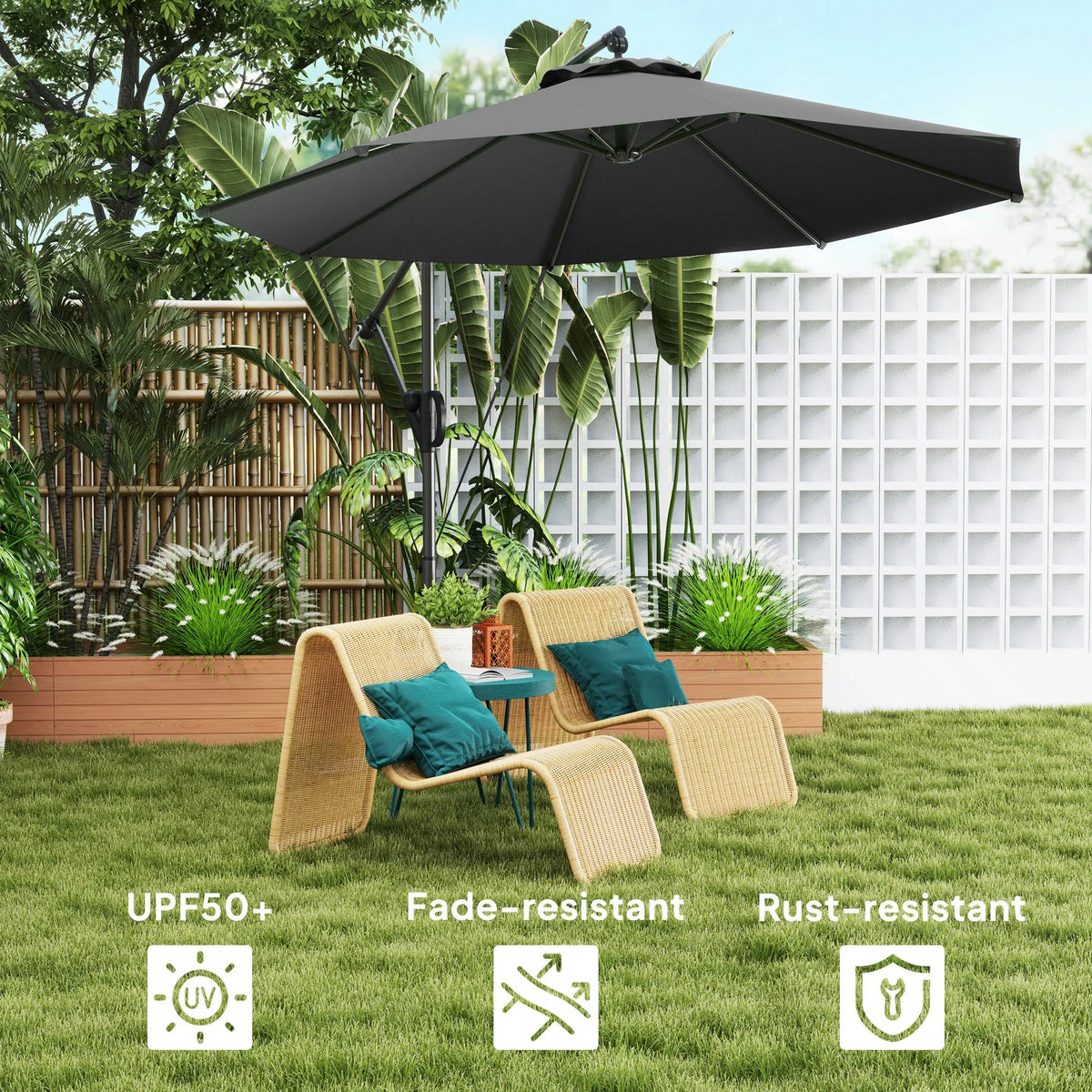 Grey cantilever patio parasol with rust-resistant frame and fade-resistant canopy