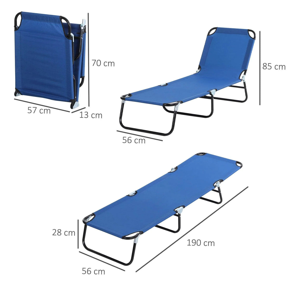 Blue foldable sun loungers with black frames, shown unfolded and folded with dimensions